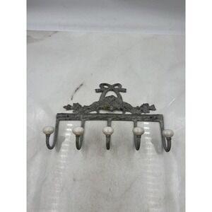 Vintage Cast Iron Wall Hook Rack Ornate French Bow Ribbon 5 Hooks Ceramic Tips